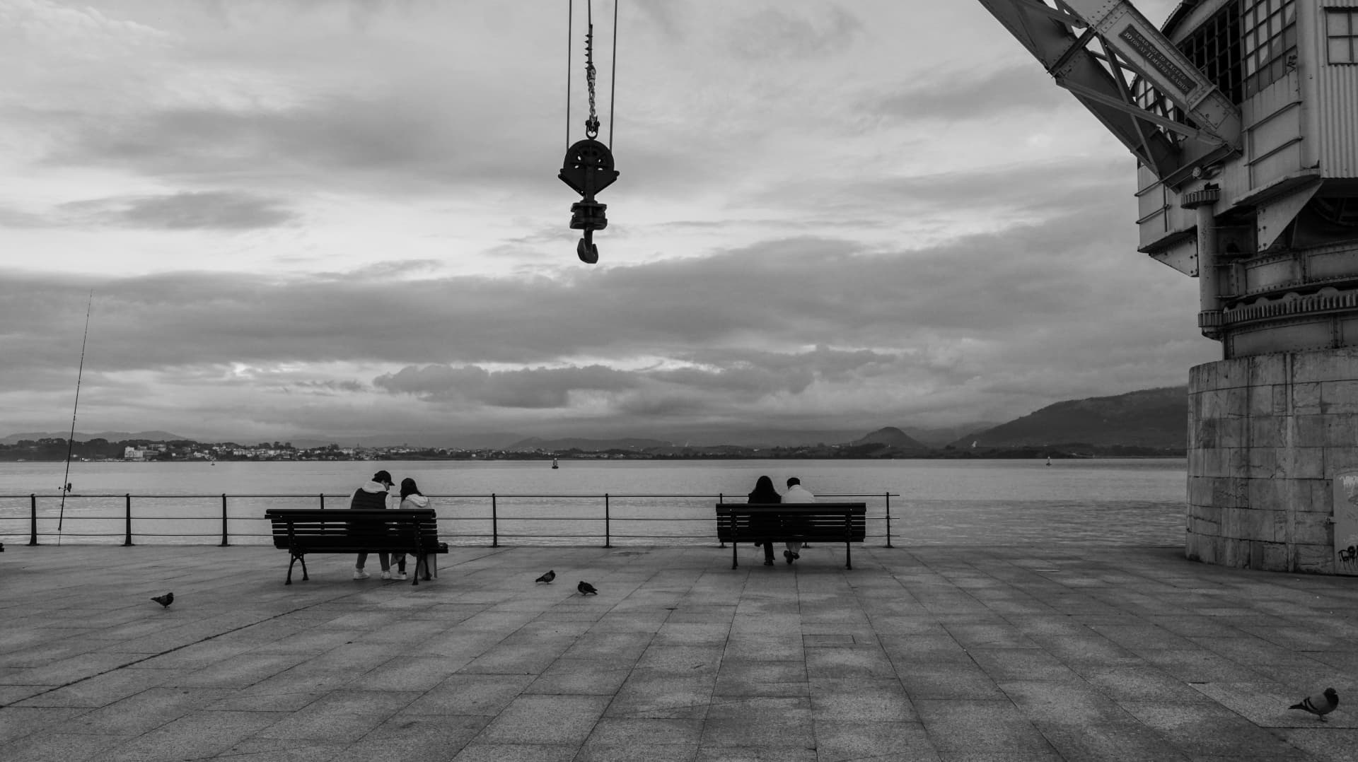 Dos parejas en bancos frente a la bahía al atardecer, blanco y negro